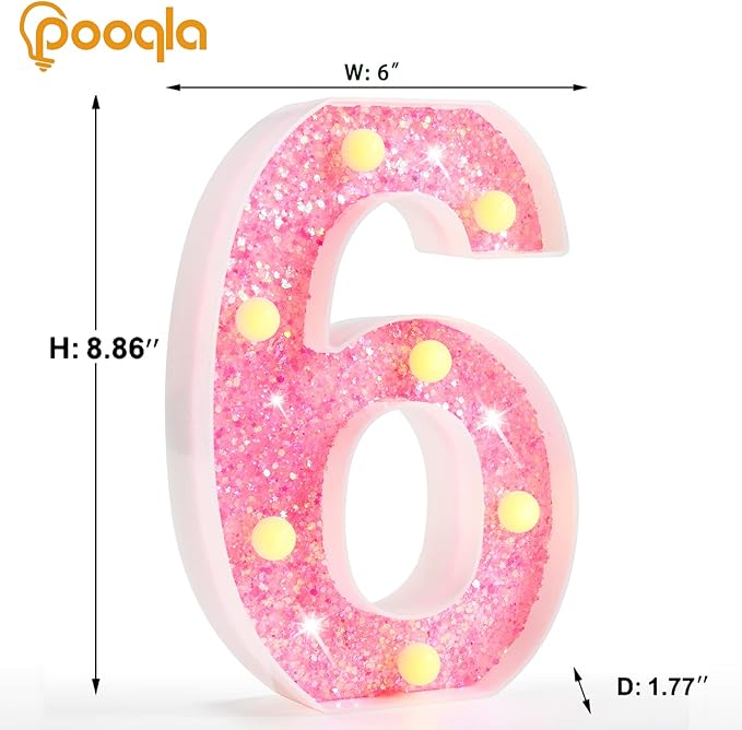 Pooqla Marquee Number Lights, Pink Light Up Numbers for Girls 6th Birthday, Battery Powered Glitter Number Night Light Gift for Christmas Bedroom Dorm Party Decoration, Pink Number 6