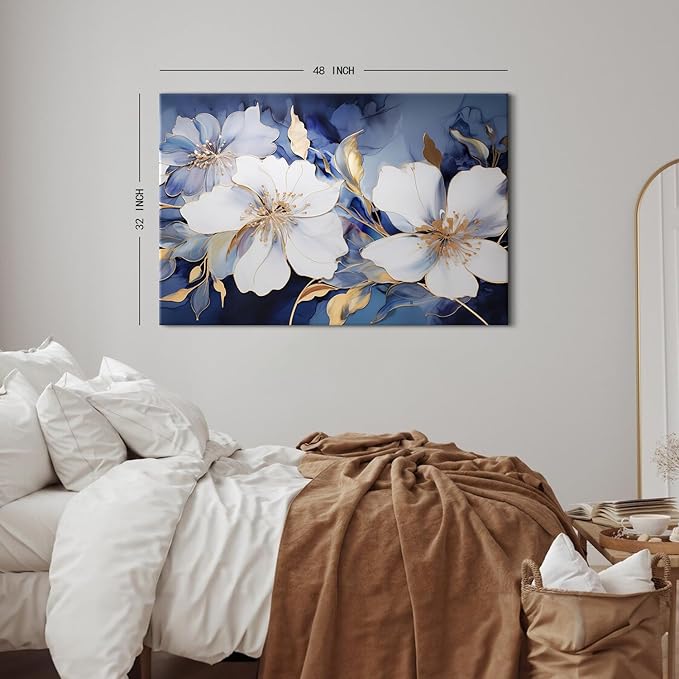 Abstract Floral Wall Art Marble Ink Painting Navy Blue and Gold Wall Decor Large Living Room Wall Art 32x48", Watercolor Blossom Floral Painting Poster Modern Frames Artwork Home Bedroom Decorations