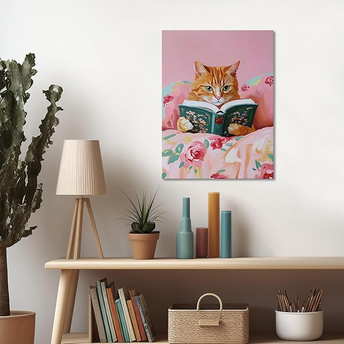 Framed Vintage Cats Canvas Wall Art, Funny Animal Reading Books Poster Printing Pictures, Pink Cute Cat Lovers Wall Decor for Girls Room Bedroom Kids Room Living Room Bathroom 16x24 in