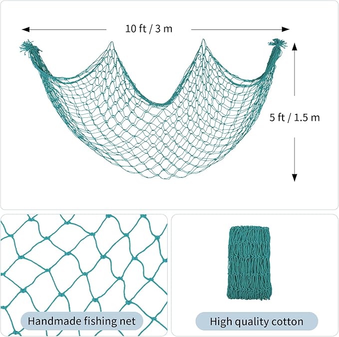 1 Pack Decorative Fishing Net, Patioland 5x10 ft Large Aqua Fish Net Decor for Wall, Photo Display, Nautical Mermaid Pirate Ocean Themed Beach Hawaii Under the Sea Party Decorations