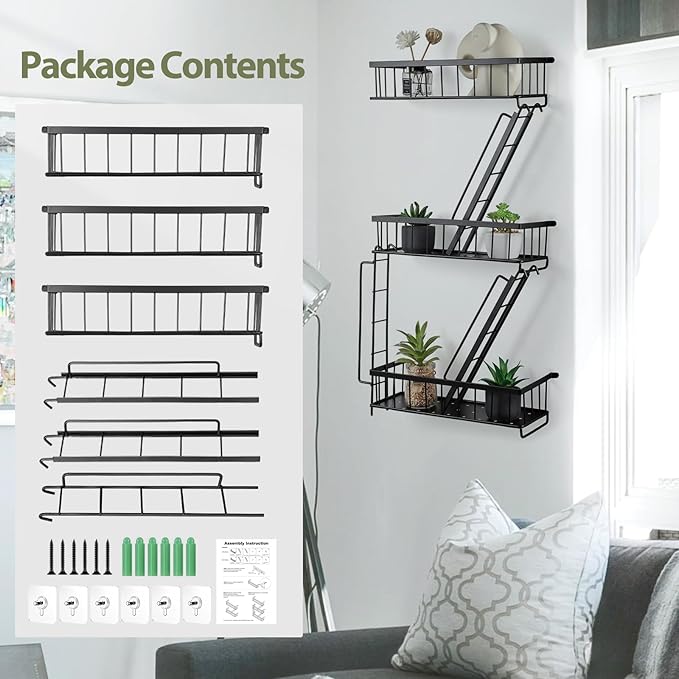 Fire Escape Wall Shelf - New York Decorative Ladder Shelf, Wall Art Floating Shelf Black Metal Shelves for Bedroom, Home Office Storage and Display (3-Tier)