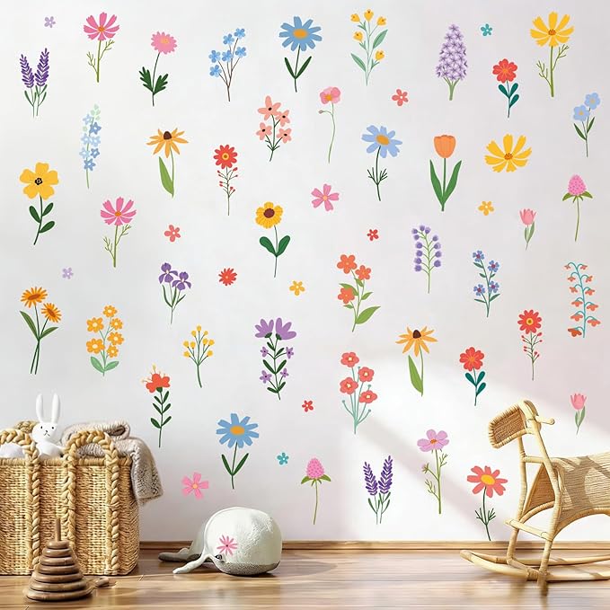 Spring Flower Wall Stickers, 8 Sheets Wildflower Wall Decals Peel and Stick Floral Wall Decor for Girls Bedroom Nursery Spring Room Decorations 90 Pcs