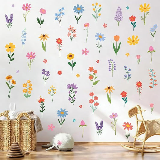Spring Flower Wall Stickers, 8 Sheets Wildflower Wall Decals Peel and Stick Floral Wall Decor for Girls Bedroom Nursery Spring Room Decorations 90 Pcs