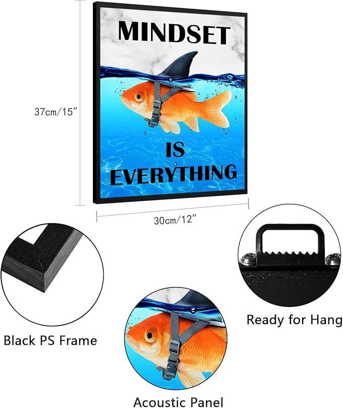 Mindset Is Everything Wall Art:Motivational Wall Decor for Office,Goldfish Prints Posters Inspirational Wall Art Framed,Uplifting Self Improvement Positive Quote Home Office Wall Art 12"x15"