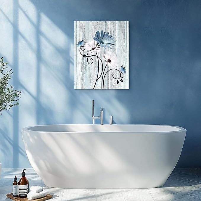 HVEST Blue Floral Wall Art Rustic Farmhouse Daisy Butterfly Bathroom Art Decor Vintage Flower Wall Decor for Living Room Bathroom Bedroom Office, 20L x 16W Inches
