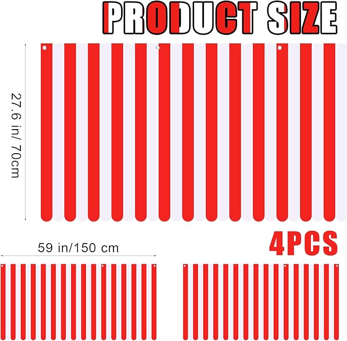Preboun 2 Pcs 27.6''x 59'' Circus Awning Decor Decorations Striped Carnival Tent Awning Decorations Red and White Wall Decor Halloween Carnival Stand Mardigras Theme Party Photo Accessory