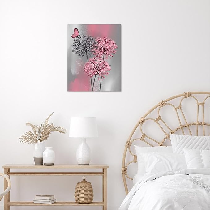 LB Pink Dandelion Canvas Wall Art Pink and Grey Dandelion with Butterfly on Modern Abstract Wall Art Aesthetic Wall Decor for Living Room Bedroom Bathroom Office Framed Ready to Hang 16L x 12W