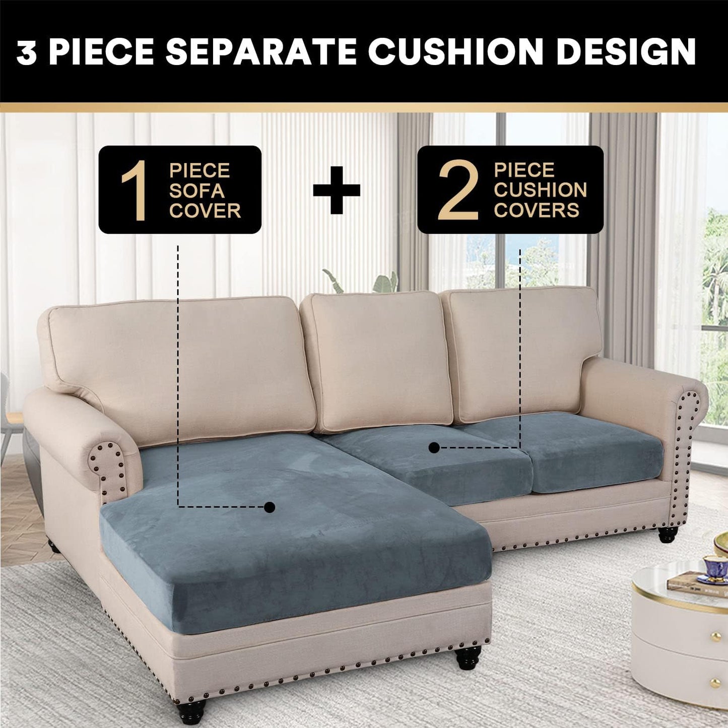 PrinceDeco Sectional Couch Covers 3 Pieces Velvet Sofa Covers L Shape Soft Couch Covers for Sectional Sofa Corner Sofa Cover Couch Cover for Dogs Washable (2 Seater + 1 Chaise,Stone Blue)