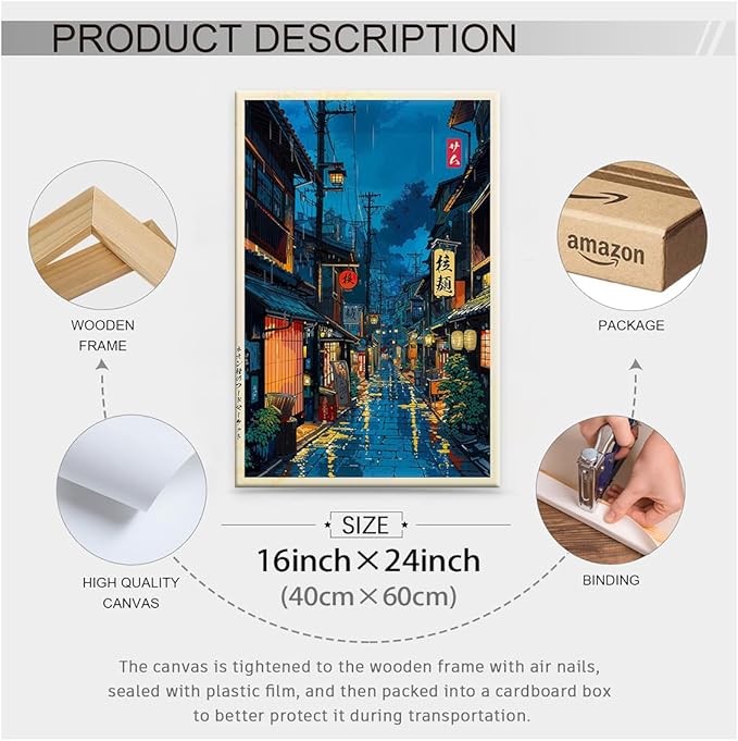 Japanese Tokyo Tea House Framed Canvas Wall Art Japanese City Street Cafe Scene Picture Print Modern Ukiyo-e Decor Poster for Japanese Home Bedroom Decorations Artwork16x24in
