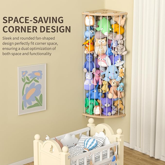 Stuffed Animal Storage Wood Corner Plush Toys Holder with Star Pattern, Length Adjustable Hanging Stuffed Animal Toy Organizer Shelf for Nursery Play Room Bedroom Kid Room