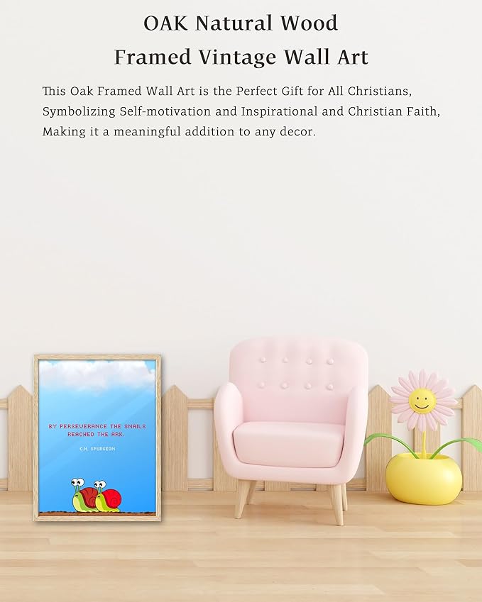 KensTro Natural OAK Wood Nursery Decor Framed Wall Art, 12x16 in Inspirational Christian Bible Verse Wall Art,By Perseverance The Snails Made it To The Ark,Faith for Boys Girls Bedroom Decor Set of 1