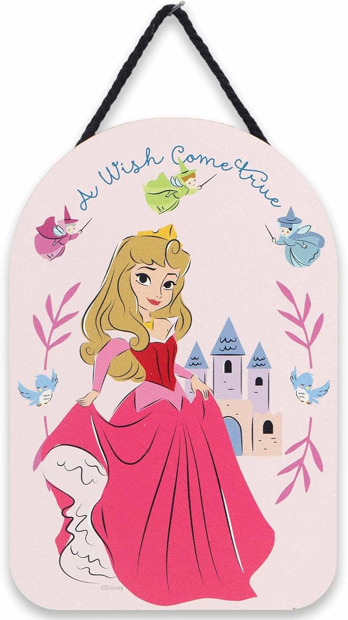 Disney Sleeping Beauty A Wish Come True Hanging Wood Wall Decor - Pretty Aurora Sign for Kids' Bedroom or Nursery