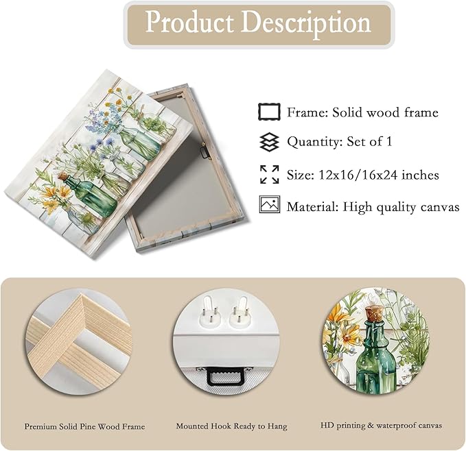 Rustic Green Bathroom Wall Art Retro Green Flower Watercolor Bottles Canvas Painting Rustic Bathroom Picture Prints Farmhouse Country Floral Wall Decor for Bedroom Living Room Ready to Hang 12x16"