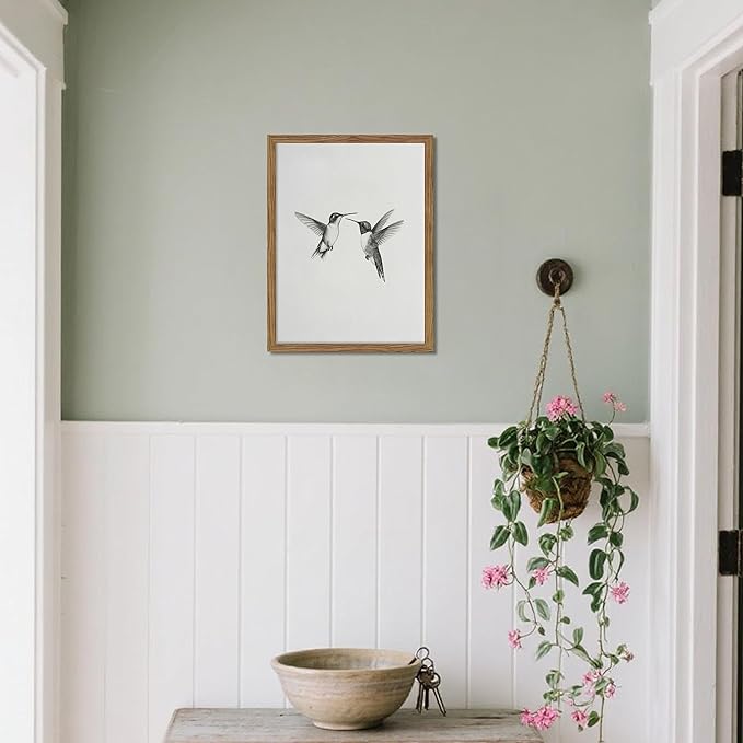 Vintage Wall Art Framed Hummingbird Canvas Print, Modern Farmhouse Birds Wall Decor, Living Room Sketch Painting Picture, Minimalist Black and White Bird Bedroom Decor – 12x16 inch