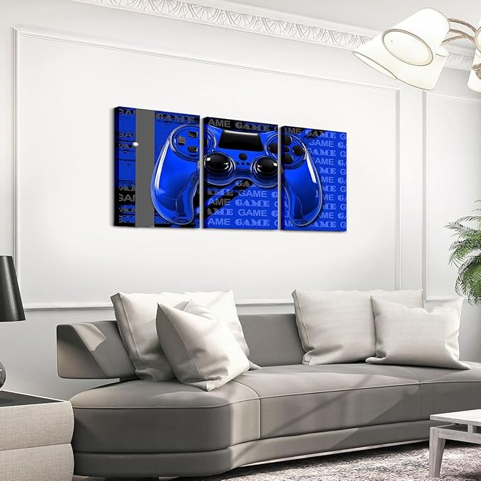Feelyou Gamer Canvas Wall Art 12" x 16" 3 Piece Game Controller Office Wall Artwork Posters for Teens Adults Gaming Gifts Bathroom Wall Art for Home Gamepad Blue and Black Wall Painting