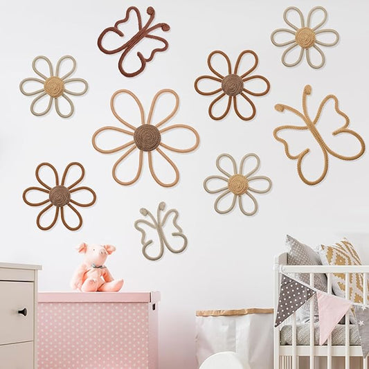 Wesiti 9 Pcs Boho Nursery Decor 3 Size Daisy Flower and Butterflies Woven Macrame Wall Hanging for Home Nursery Bedroom Dorm Wall Art(Retro Color)