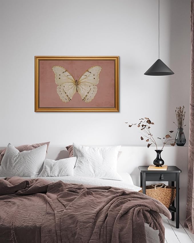 InSimSea Gold Framed Canvas Prints Wall Art, Vintage Bathroom Decor, Moody White Butterfly Paintings Farmhouse Large Wall Decor Aesthetic, Retro Pictures for Bedroom Living Room, 16x24inch
