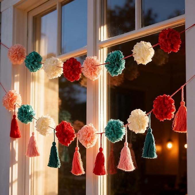 Tissue Paper Pompom Garland with Cotton Tassels, 2 Pcs Christmas Garland for Mantel, Window, Staircase, Holiday Party Decorations, Christmas Hanging Decorations, Green Red Pink Pompom
