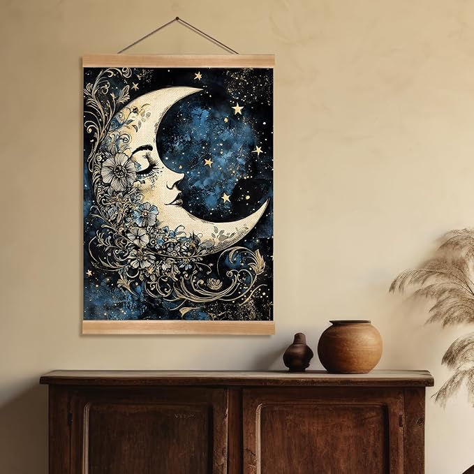 ZTGDA Moon Wall Art Decor– Vintage Hanging Wall Painting Abstract Poster with Solid Wood Frame, Boho Wall Decor,Mystical Celestial Floral Poster for Bedroom, Office(Moon)