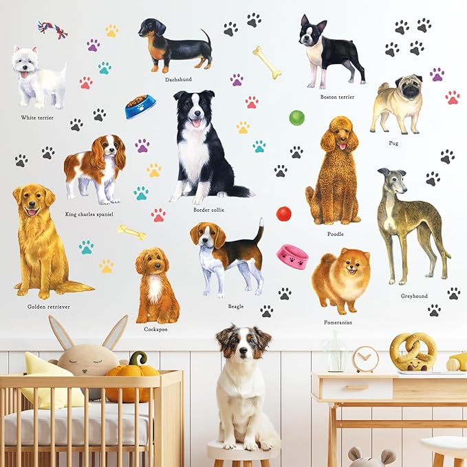 DECOWALL DS8-8045 Dogs Wall Decals Stickers Kids Peel and Stick Removable paw décor Print Room Bone Puppy Bedroom Decorations Wallpaper pet Nursery Baby Golden Retrieve Terrier