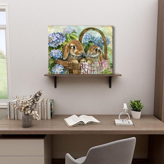 Bunny Wall Art Decor Cute Rabbits Flowers Canvas Prints Pictures for Kitchen Dining Room Decor Rustic Animals Floral Painting Vintage Farmhouse Easter Artwork for Bedroom Home Decorations 12x16"