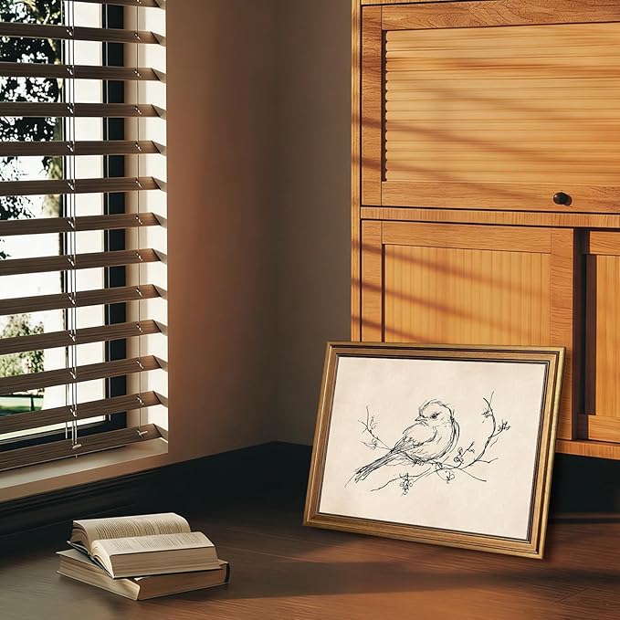 Aroutde Vintage Gold Framed Bird Printing Wall Art for Living Room, Minimalist Birds Sparrow on Branch Sketch Picture Wall Decor for Home Bedroom Apartment Decoration (16L''x12W'')