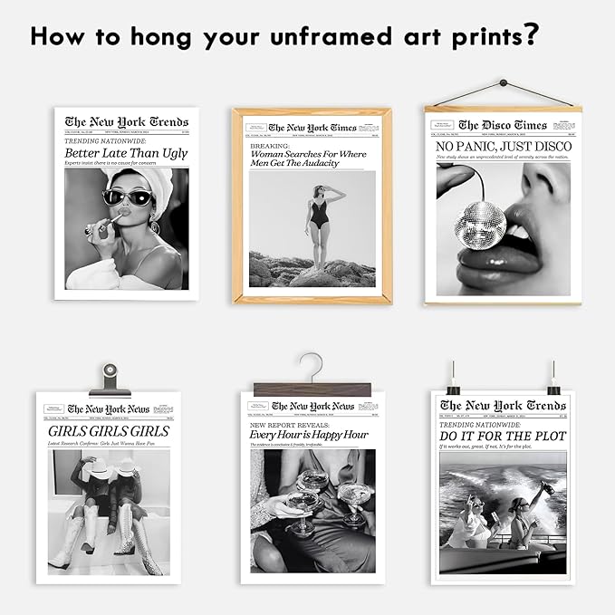 TWNSLLA Trendy Newspaper Wall Art Woman Searches For Where Men Get The Audacity Posters Prints,New York Times Wall Art Canvas,Vintage Bart Cart Decor Retro Girl Dorm Room Decor Aesthetic,8x10inchx6pcs,Unframed