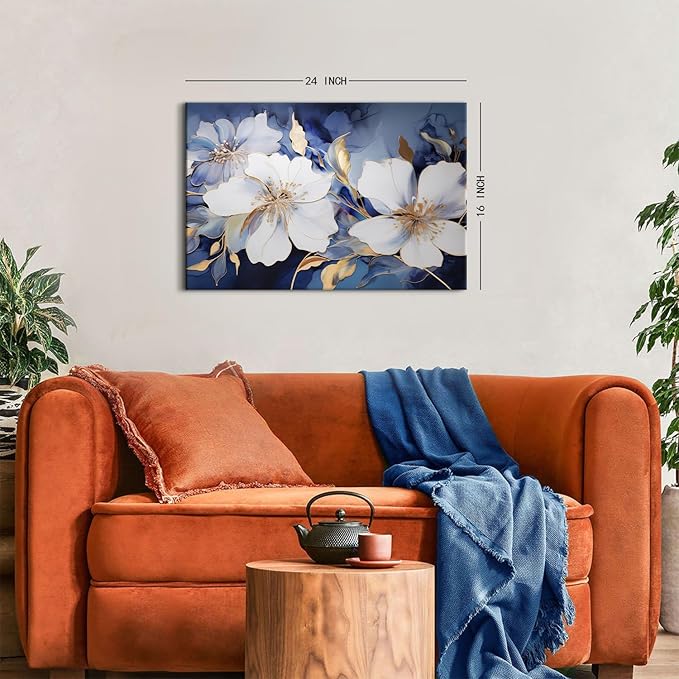 Abstract Flower Canvas Wall Art Blue and Gold Wall Decor Modern Marble Floral Picture Canvas Prints for Living Room Bedroom Watercolor Botanical Poster Painting Artwork Framed Home Decorations 16x24