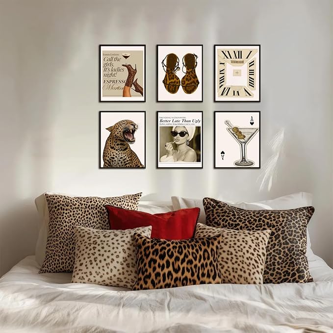 Mynotix Vintage Leopard Poster Set of 6, Trendy Cheetah Y2K Wall Art, Fashion Martini Wall Decor Preppy Girl Canvas Paintings Prints Artwork for Living Room Bedroom Dorm 12x16 inch Unframed