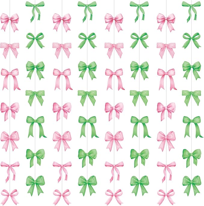 8 Pcs Pink Green Bow Garlands Decorations Witch Princess Theme Party Decorations Green and Pink Ribbon Banners Hanging Decor for Birthday Bridal Engagement Wedding Coquette Party Supplies