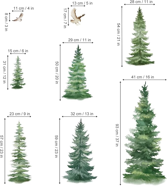 decalmile 6 Watercolor Pine Tree Wall Decals Christmas Woodland Wall Stickers Nursery Bedroom Living Room Wall Decor(H: 37inches)