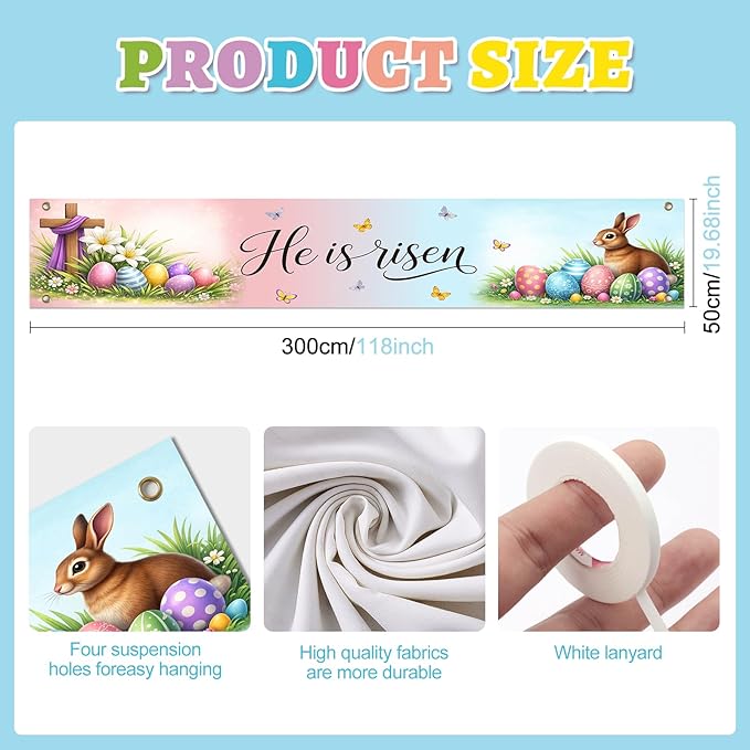 Easter Banner He Is Risen Easter Decorations Resurrection Cross Spring Christian Faith Decor 118×20 inch Religious Easter Banner for Yard Fence Wall Door Porch Indoor Outdoor Church Display