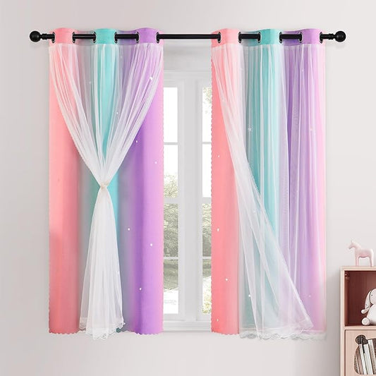 XiDi Blackout Curtains for Girls Bedroom 2 Panels Set Rainbow Curtains Double Layer with Sheer Overlay for Kids Nursery Living Room Decor, Window Drapes Princess Pink Purple Green 42x45 Inches