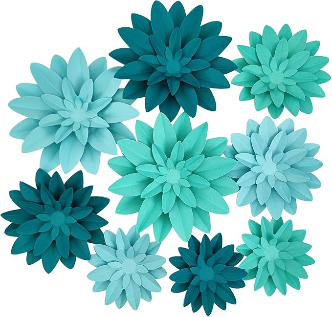 3D Paper Flower for Wall Wedding Backdrop Bridal Shower Party Centerpieces Home Wall Decor Pack of 9 (Turquoise)
