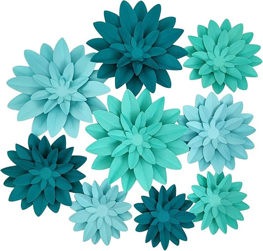 3D Paper Flower for Wall Wedding Backdrop Bridal Shower Party Centerpieces Home Wall Decor Pack of 9 (Turquoise)