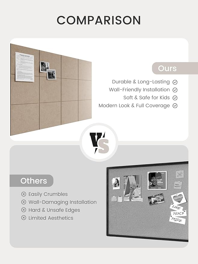 Bumusty Large Cork Board 48" x 36" Alternative - 12 Pack Felt Wall Tiles with 70 Safe Removable Adhesive Tabs, 30 Pushpins, Cork Boards for Walls Pin Board Bulletin Board Office Decor (Taupe)
