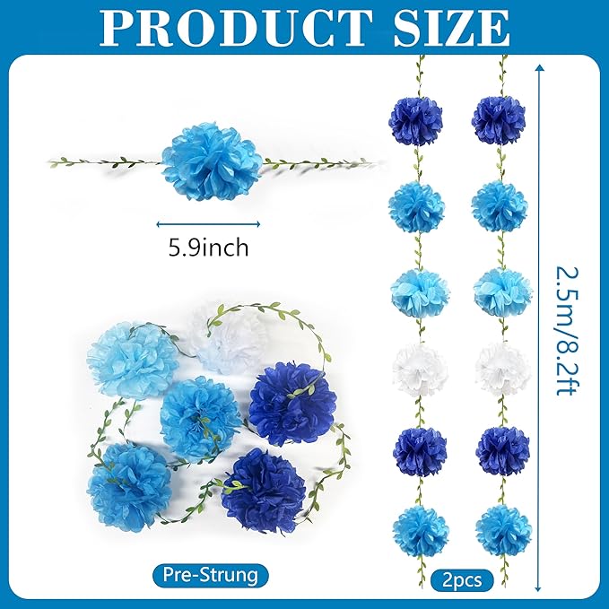 Blue White Party Decorations Ombre Blue Tissue Paper Flowers Pom Pom with Leaf Ribbon Hanging Garland Streamer for Birthday Baby Shower Wedding Under The Sea Nautical Ahoy Achor Party Supplies