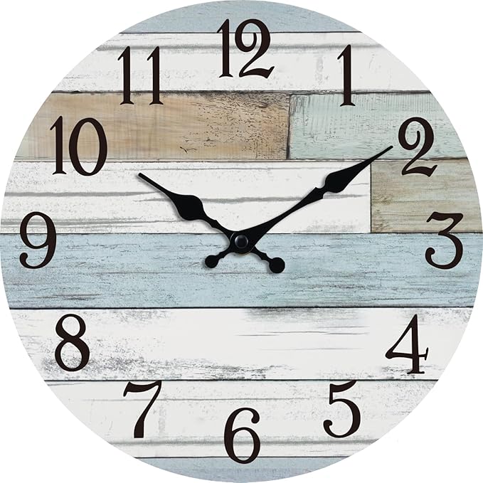 Wall Clock Battery Operated 12 Inch Silent Non Ticking Coastal Design Country Rustic Retro Decorative for Bathroom Kitchen Living Room Bedroom