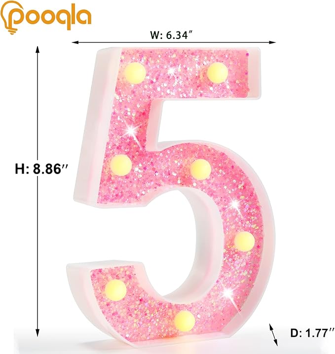 Pooqla Marquee Number Lights, Pink Light Up Numbers for Girls 5th 15th Birthday, Battery Powered Glitter Number Night Light Gift for Christmas Bedroom Dorm Party Decoration, Pink Number 5