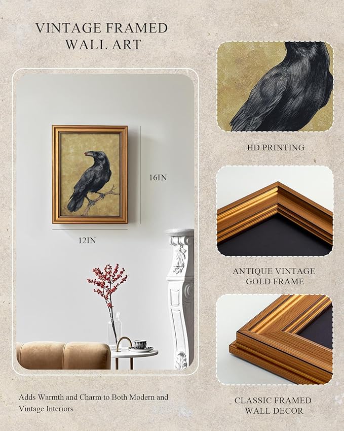 InSimSea Gold Framed Canvas Prints Wall Art, Vintage Birds Decor, Funny Crow Gemstone Paintings Farmhouse Wall Decor Aesthetic, Antique Pictures for Bedroom Living Room Shelf, 12x16inch