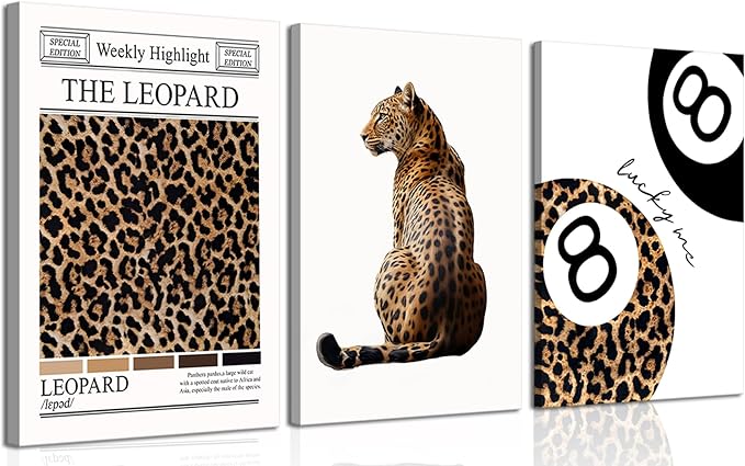Set of 3 Trendy Leopard Canvas Wall Art Funky Lucky 8 Ball Posters Prints Preppy Room Aesthetic Cheetah Wall Decor Pictures for Girly Bedroom Apartment Dorm 12x16in