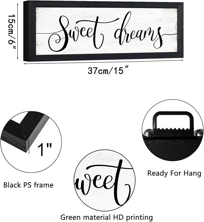 YPY Sweet Dreams Wall Decor Sign: Bedroom Wall Art Above Bed Farmhouse Sign Decorations for Master Guest Room Dormitory Black Frame Hanging