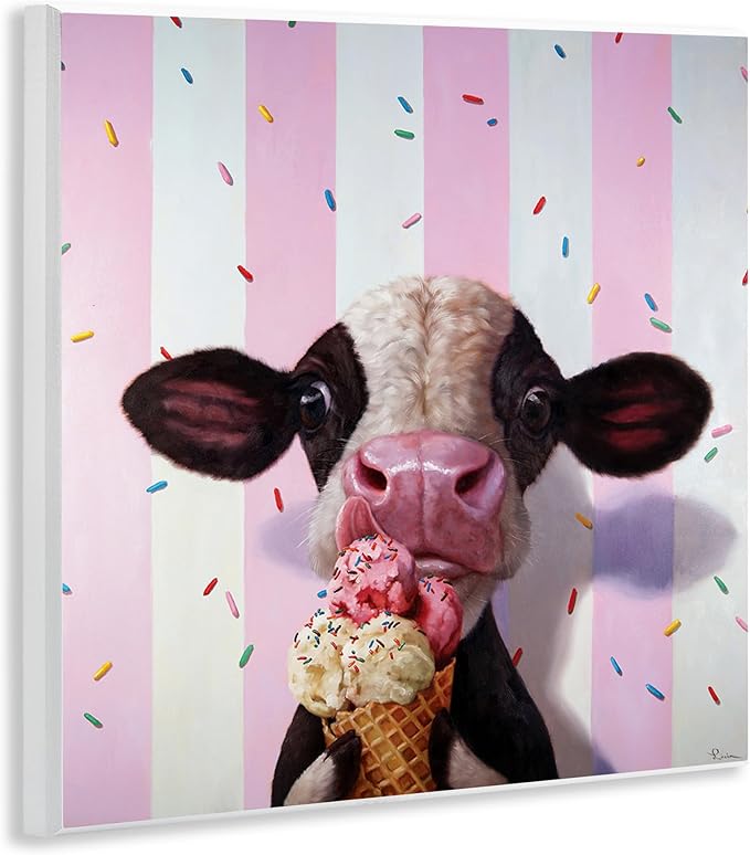 Stupell Industries Cute Baby Cow with Ice Cream Cone Pink Stripes, Designed by Lucia Heffernan Wall Plaque, 12 x 12, Brown