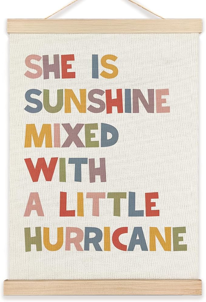 LZYRF Inspirational Wall Decor for Girls Room, She is Sunshine Mixed with a Little Hurricane Positive Quote Canvas Prints Wall Decor for Girls Kids Room Nursery Playroom 12x16 Inch