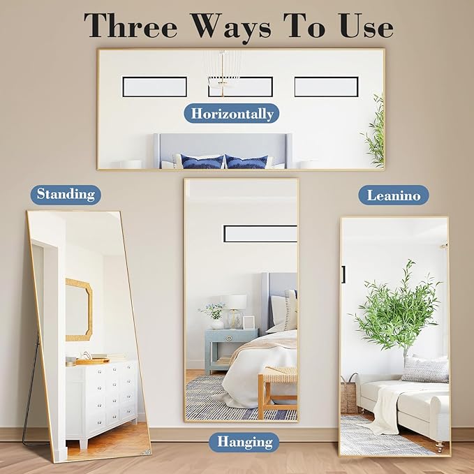 DUMOS Full Length Mirror with Stand, 68"x26" Floor Mirror with Aluminum Alloy Frame for Bedroom, Standing Full Body Mirror with Shatter-proorf Nano Glass for Wall, Living Room, Cloakroom, Gold