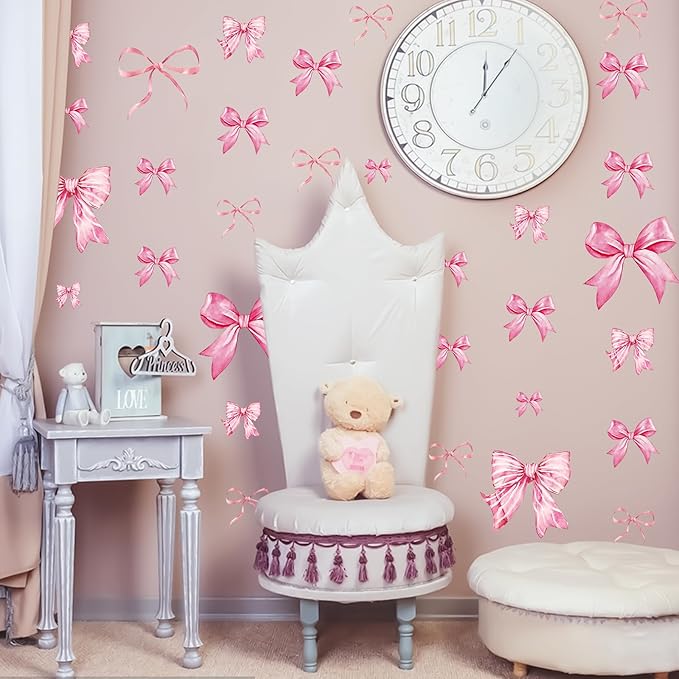 Pink Bow Wall Stickers, 8Sheets 46Pcs Bow Knot Wall Decals Watercolor Bow Wallpaper Peel and Stick for Nursery Kindergarten Girls Bedroom Coquette Room Décor