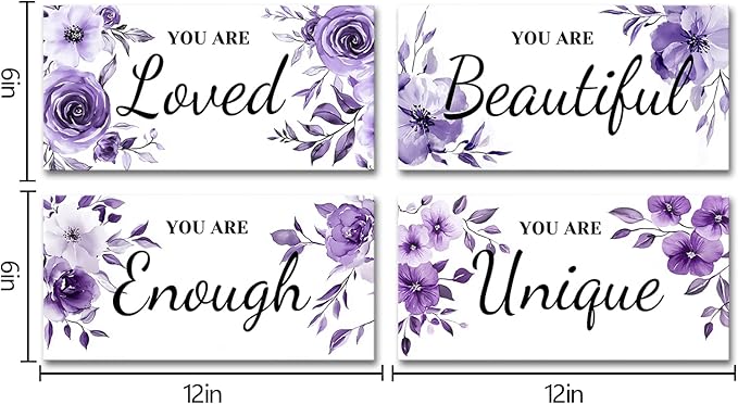HOMEOART Bedroom Wall Decor for Woman Teen Girl, Inspiration Saying Word Art Bedroom Decor Pictures Farmhouse Bathroom Wall Decor Hanging, Framed 6x12inchx4Pieces (Purple)