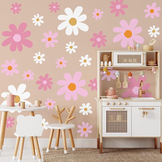 TaoBary 12 Sheet Daisy Wall Sticker Decal Removable Cute Daisy Bedroom Room Decor Flower Wall Sticker Pink White Flower Decal Wallpaper Peel and Stick for Nursery Home(Pink Color,Vibrant Style)