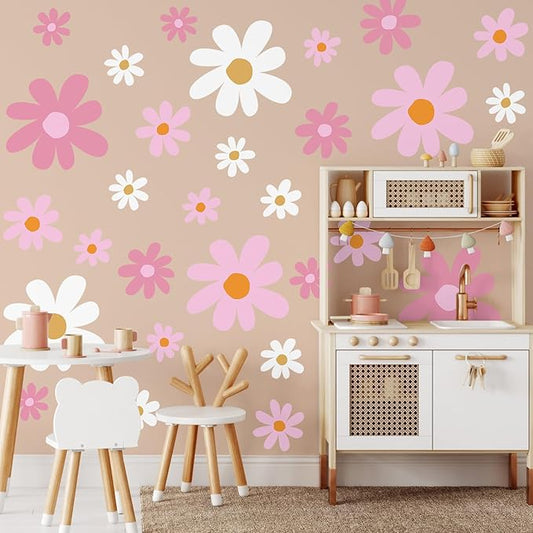 TaoBary 12 Sheet Daisy Wall Sticker Decal Removable Cute Daisy Bedroom Room Decor Flower Wall Sticker Pink White Flower Decal Wallpaper Peel and Stick for Nursery Home(Pink Color,Vibrant Style)
