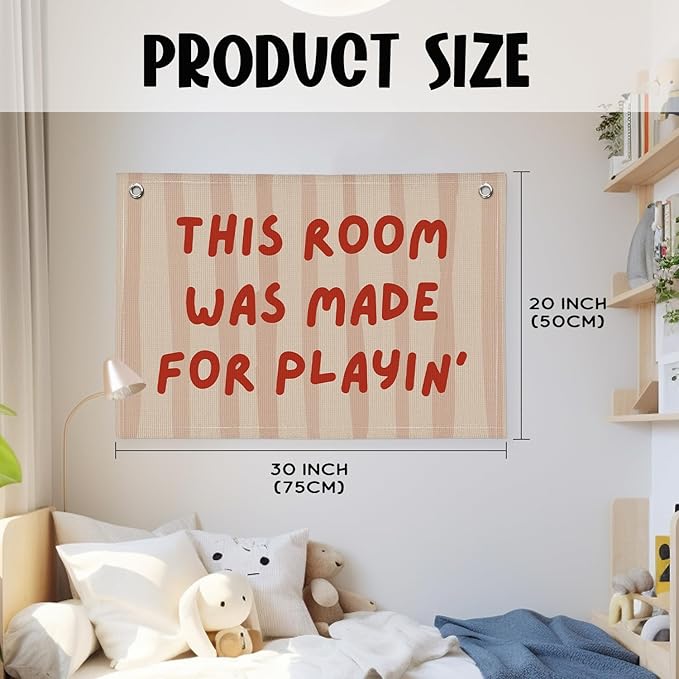Playroom Decor Wall Banner "This Room Was Made For Playin'" 20x30 Inch - Nursery Canvas Art, Kids Bedroom Hanging, Linen Toddler Play Area Sign, Children's Canvas Flag Decor